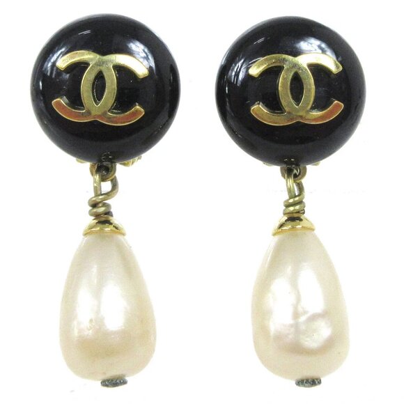 Chanel Artificial Pearl Dangle Earrings Clip-On Black 94A - Picture 1 of 6